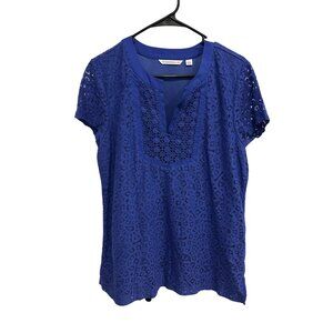 Isaac Mizrahi Live Womens Blue Eyelet Split Neck Short Sleeve Top Size L Breezy